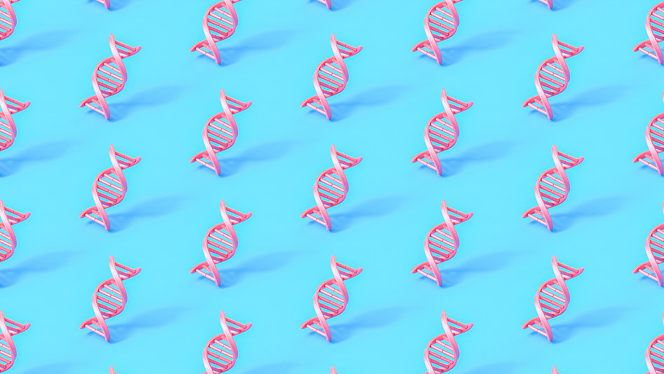 Modellhafte rosafarbene Ausschnitte einer DNA-Sequenz auf hellblauem Grund
