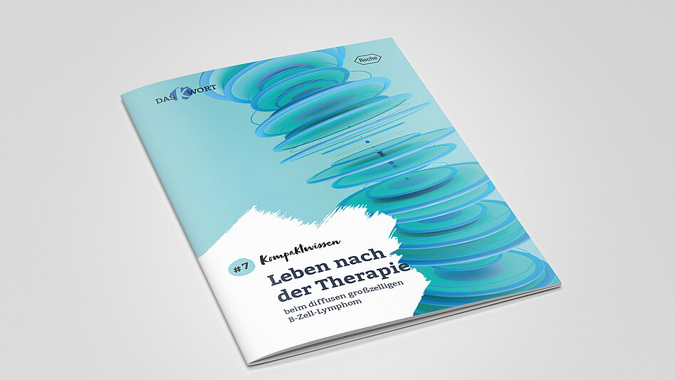 Flyer mit dem Titel: „Kompaktwissen: Leben nach der Therapie beim diffusen großzelligen B-Zell-Lymphom“