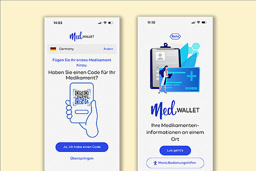 Zwei App-Screens von MedWallet: Medikamenten-QR-Code-Scan und Startseite mit Medikamentenübersicht.