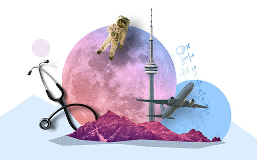 Kollage mit Mond im Hintergrund, Astronaut, Flugzeug, Fernsehturm, Berge und Stethoskop. 