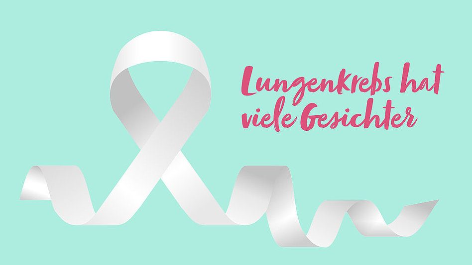 Weiße Krebs-Awareness-Schleife neben Schriftzug: „Lungenkrebs hat viele Gesichter“