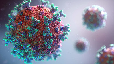 Modell des Coronavirus‘: rotes Molekül mit blauen und grünen Spikes.