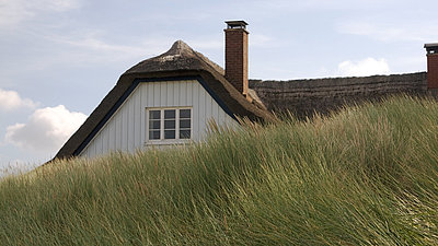 Das Dach eines Ferienhauses ragt über grasbewachsene Dünen hinweg