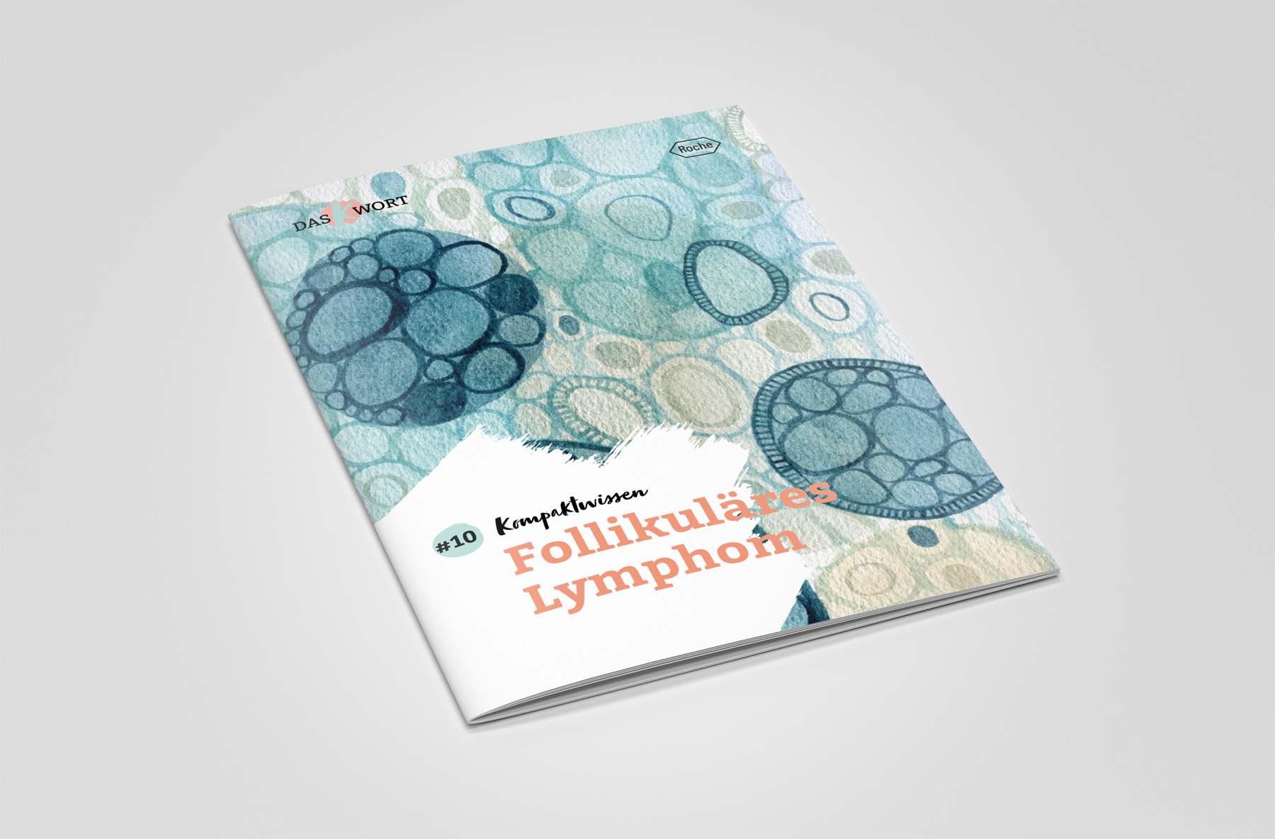 Titelblatt einer Broschüre mit dem Titel Kompaktwissen Follikuläres Lymphom, gestaltet mit blauen und grünen Zell-Illustrationen im Aquarellstil.